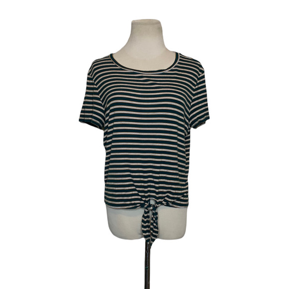 American Eagle green yellow short sleeves stripes front knot tee size large - Picture 1 of 7